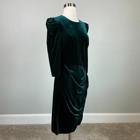 Vince Camuto Long Sleeve Velvet Sheath Cocktail Dress Green Size 14 Ruched Midi - Picture 2 of 14